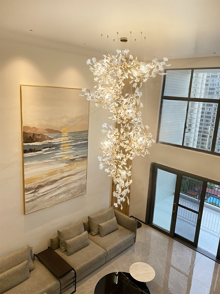 Ceramics Ginkgo Leaves Twig Chandelier Tree Branch Shaped Pendant Light For High Ceiling Living Room Hotel Hall-MEET LIGHTING