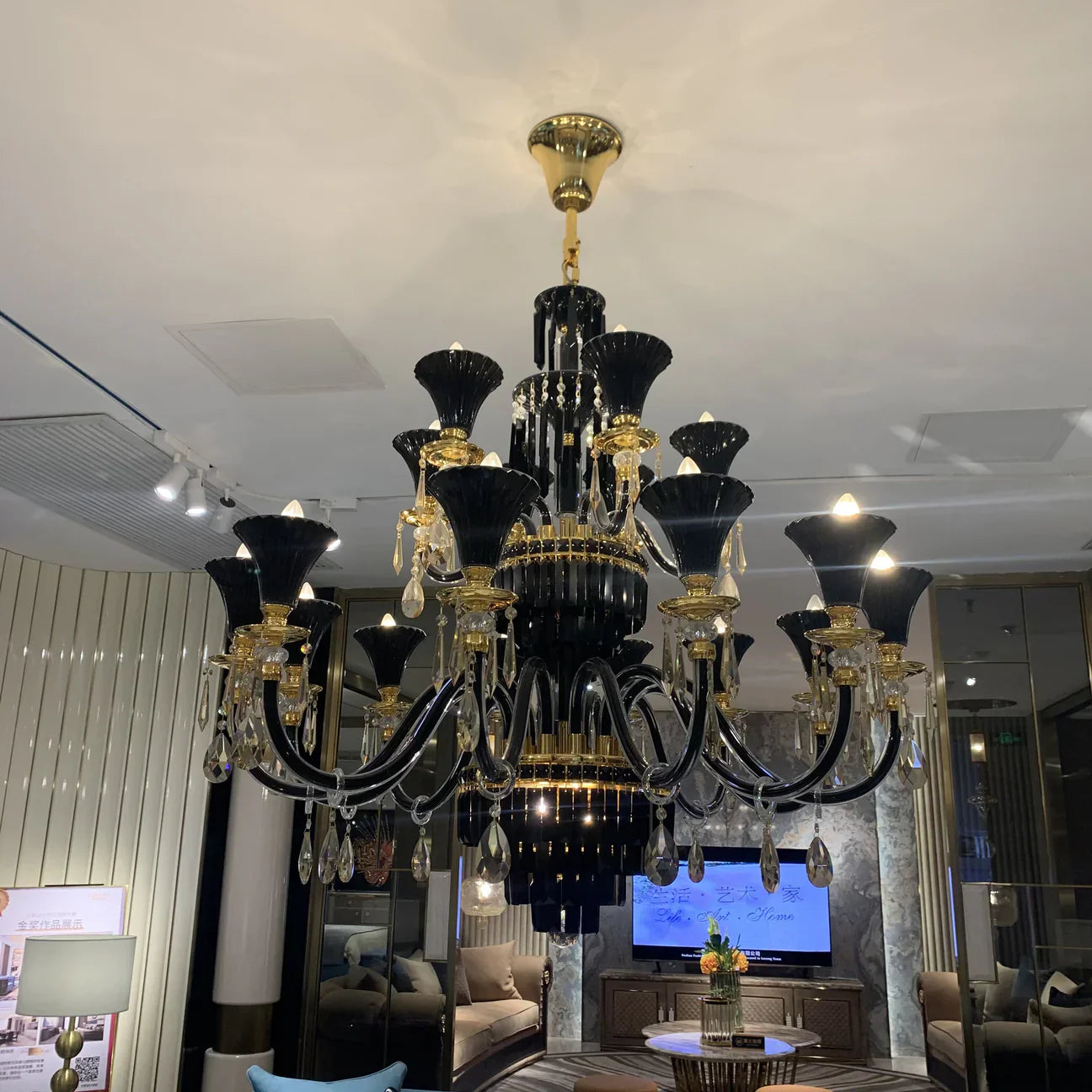 American Traditional Candle Branch Crystal Chandelier Black And Gold Luxury Living Room/Dining Room Light Fixture-MEET LIGHTING
