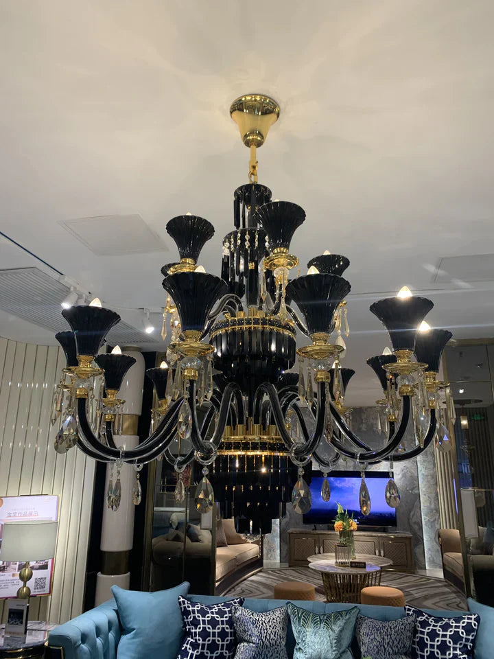 American Traditional Candle Branch Crystal Chandelier Black And Gold Luxury Living Room/Dining Room Light Fixture-MEET LIGHTING