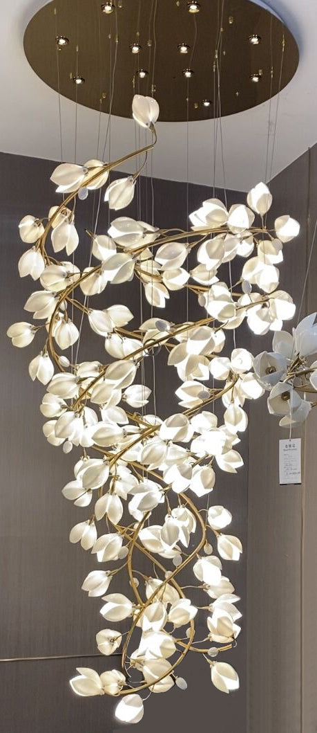 Spiral Pure White Magnolia Chandelier with Golden Branches for Staircase/High-ceiling Space/Foyer/ Duplex-MEET LIGHTING