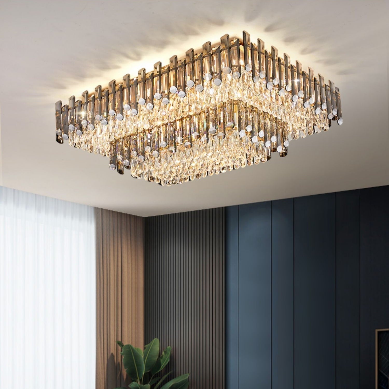 Rectangle Flush Mounted Living Room Chandelier Crystal Ceiling Light Fixture For Long Dining Table-MEET LIGHTING