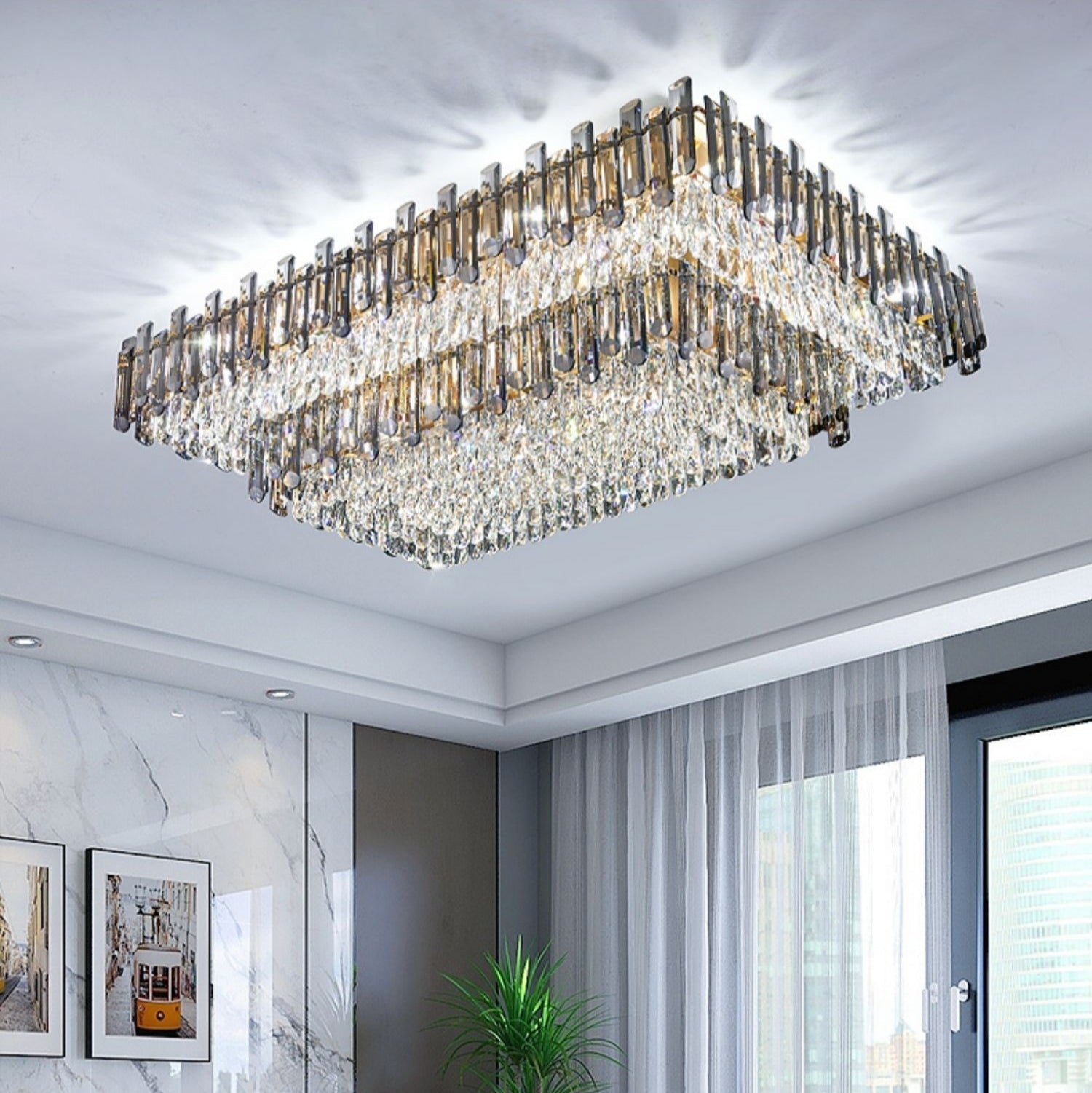 Rectangle Flush Mounted Living Room Chandelier Crystal Ceiling Light Fixture For Long Dining Table-MEET LIGHTING