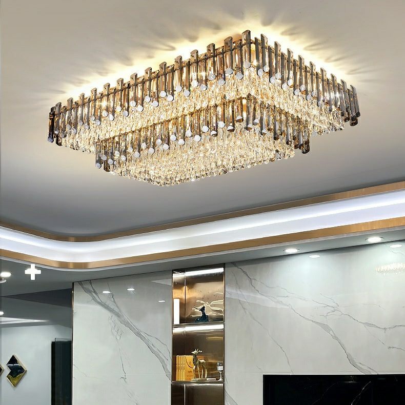 Rectangle Flush Mounted Living Room Chandelier Crystal Ceiling Light Fixture For Long Dining Table-MEET LIGHTING
