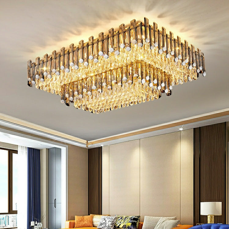 Rectangle Flush Mounted Living Room Chandelier Crystal Ceiling Light Fixture For Long Dining Table-MEET LIGHTING