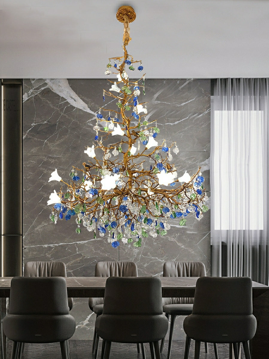 Stylish Colored Glaze Flower Crystal Chandelier Brass Tree Branch Ceiling Light For Living Room Hotel Hall-MEET LIGHTING