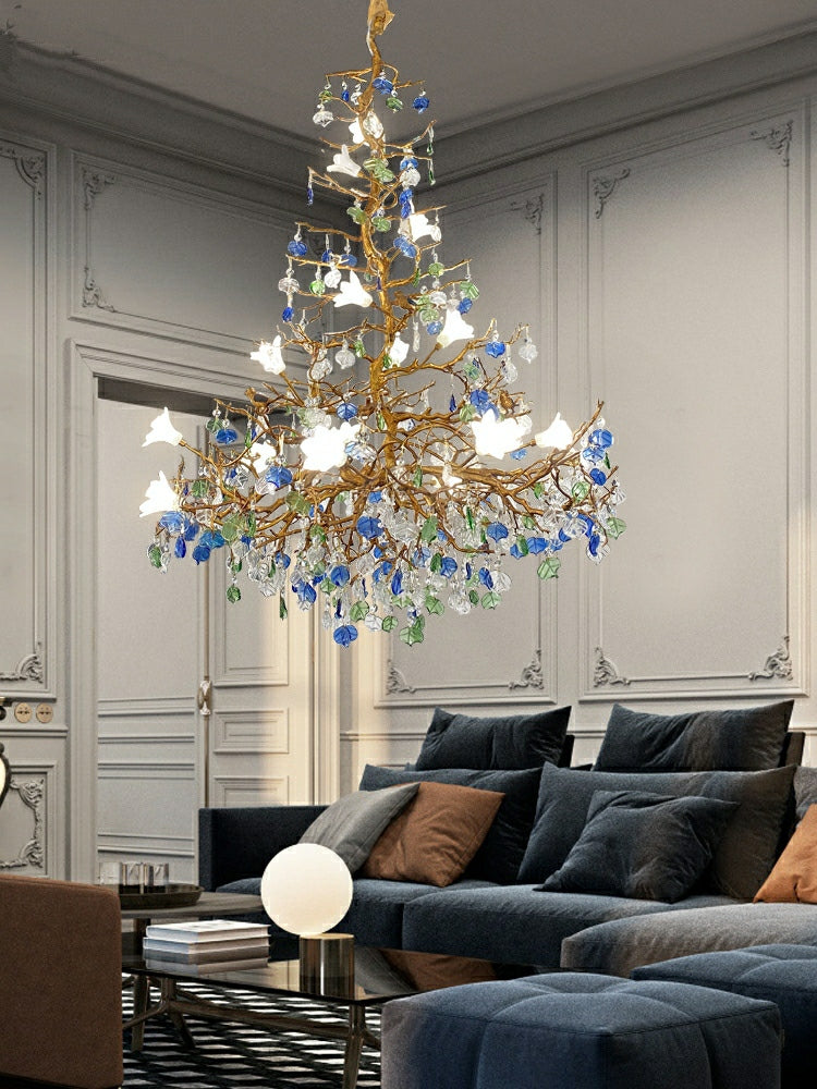 Stylish Colored Glaze Flower Crystal Chandelier Brass Tree Branch Ceiling Light For Living Room Hotel Hall-MEET LIGHTING
