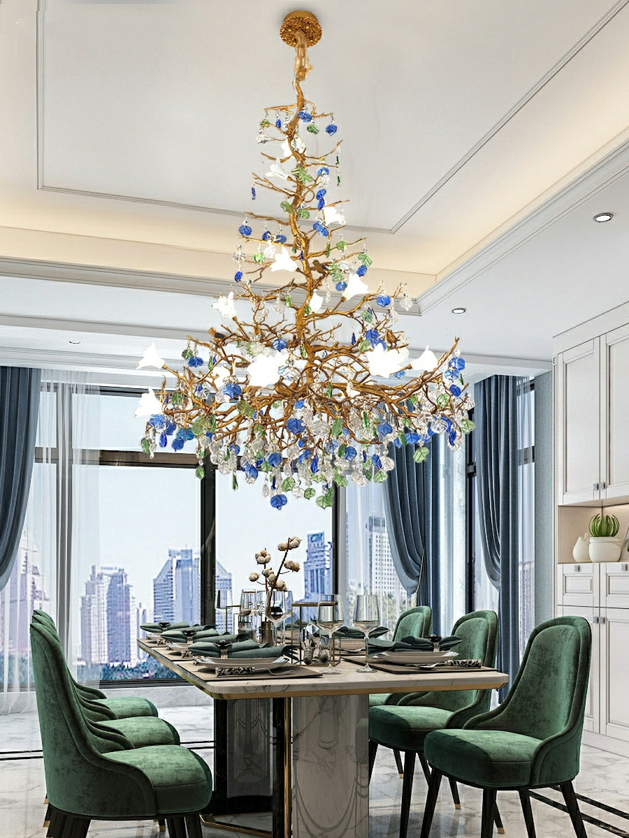 Stylish Colored Glaze Flower Crystal Chandelier Brass Tree Branch Ceiling Light For Living Room Hotel Hall-MEET LIGHTING
