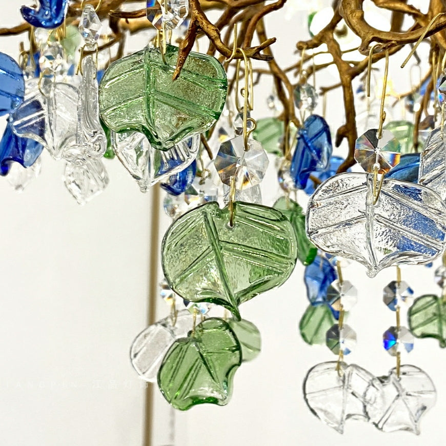 Stylish Colored Glaze Flower Crystal Chandelier Brass Tree Branch Ceiling Light For Living Room Hotel Hall-MEET LIGHTING