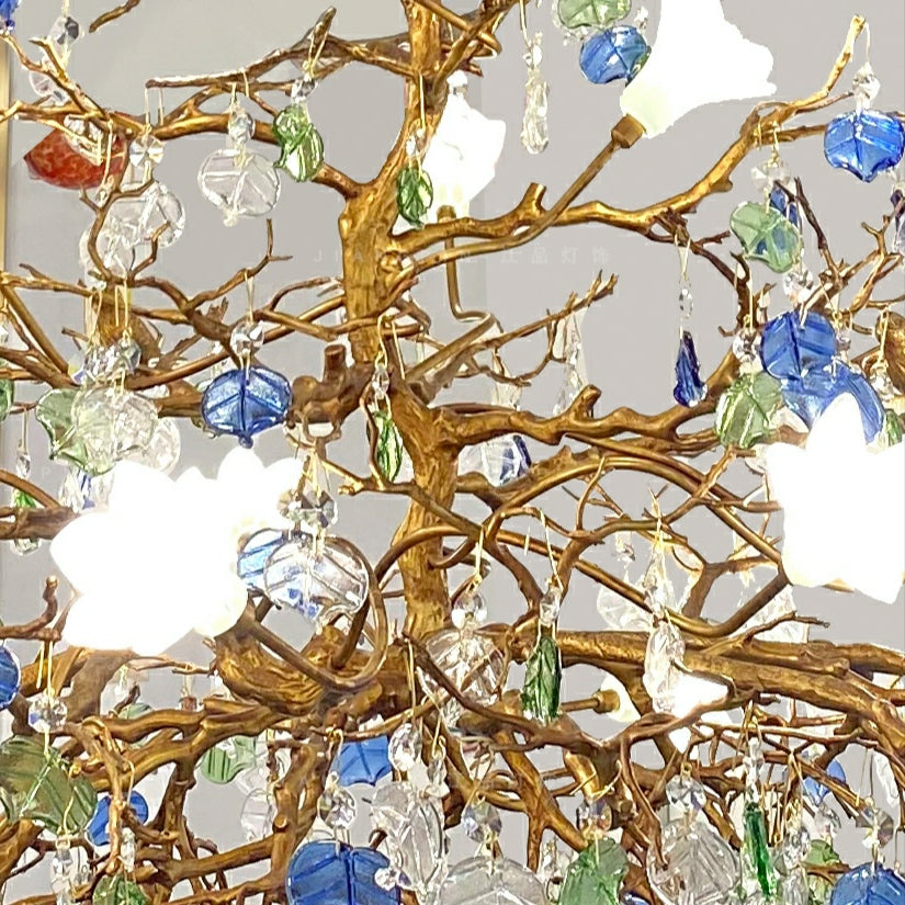 Stylish Colored Glaze Flower Crystal Chandelier Brass Tree Branch Ceiling Light For Living Room Hotel Hall-MEET LIGHTING