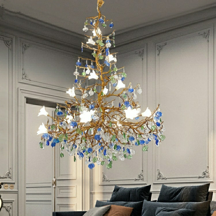 Stylish Colored Glaze Flower Crystal Chandelier Brass Tree Branch Ceiling Light For Living Room Hotel Hall-MEET LIGHTING