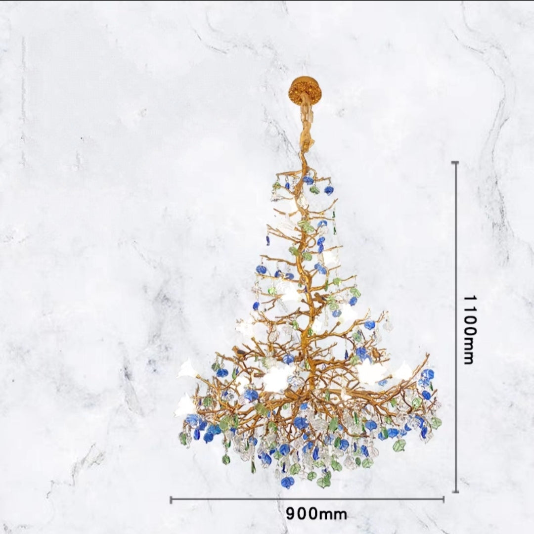 Stylish Colored Glaze Flower Crystal Chandelier Brass Tree Branch Ceiling Light For Living Room Hotel Hall-MEET LIGHTING