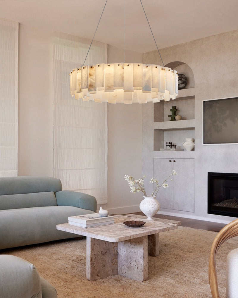 2-Tier Round Alabaster Chandelier in Brass with high ceiling home decor