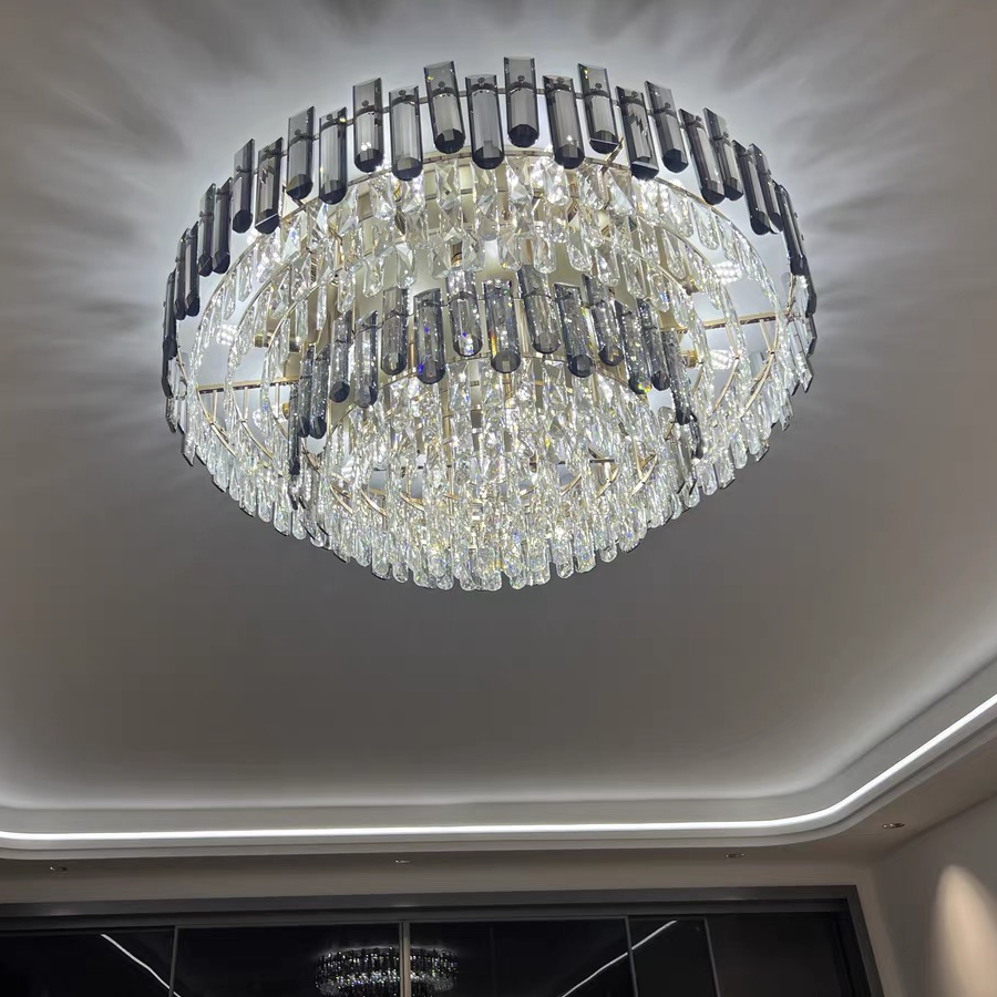 Smoke Gray Crystal Chandelier Flush Mounted Ceiling Light Fitxture Set for Dining Room/Living Room-MEET LIGHTING