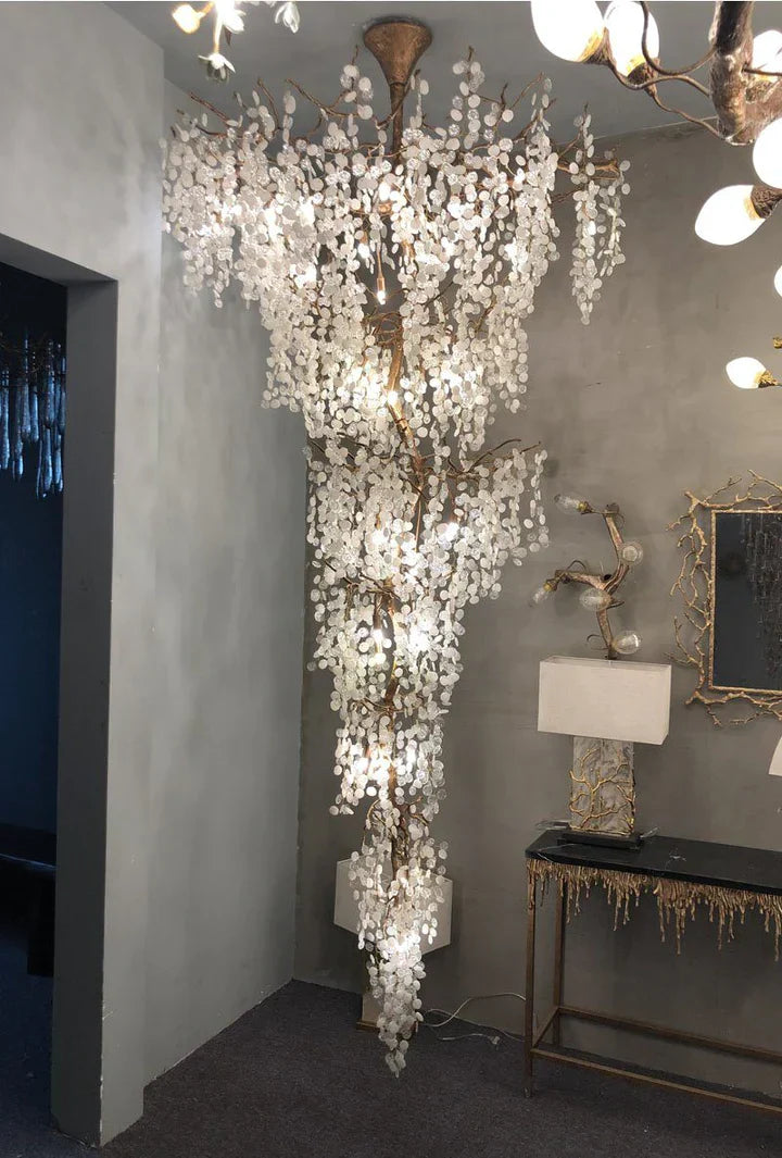 Modern Unique Artistic Flower Brass Branch Semi-flush Mount Chandelier for Living Room/ Hallway/ Entryway/ Staircase-MEET LIGHTING