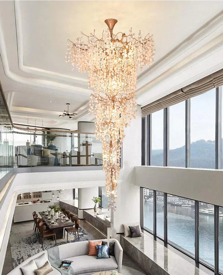 Modern Unique Artistic Flower Brass Branch Semi-flush Mount Chandelier for Living Room/ Hallway/ Entryway/ Staircase-MEET LIGHTING