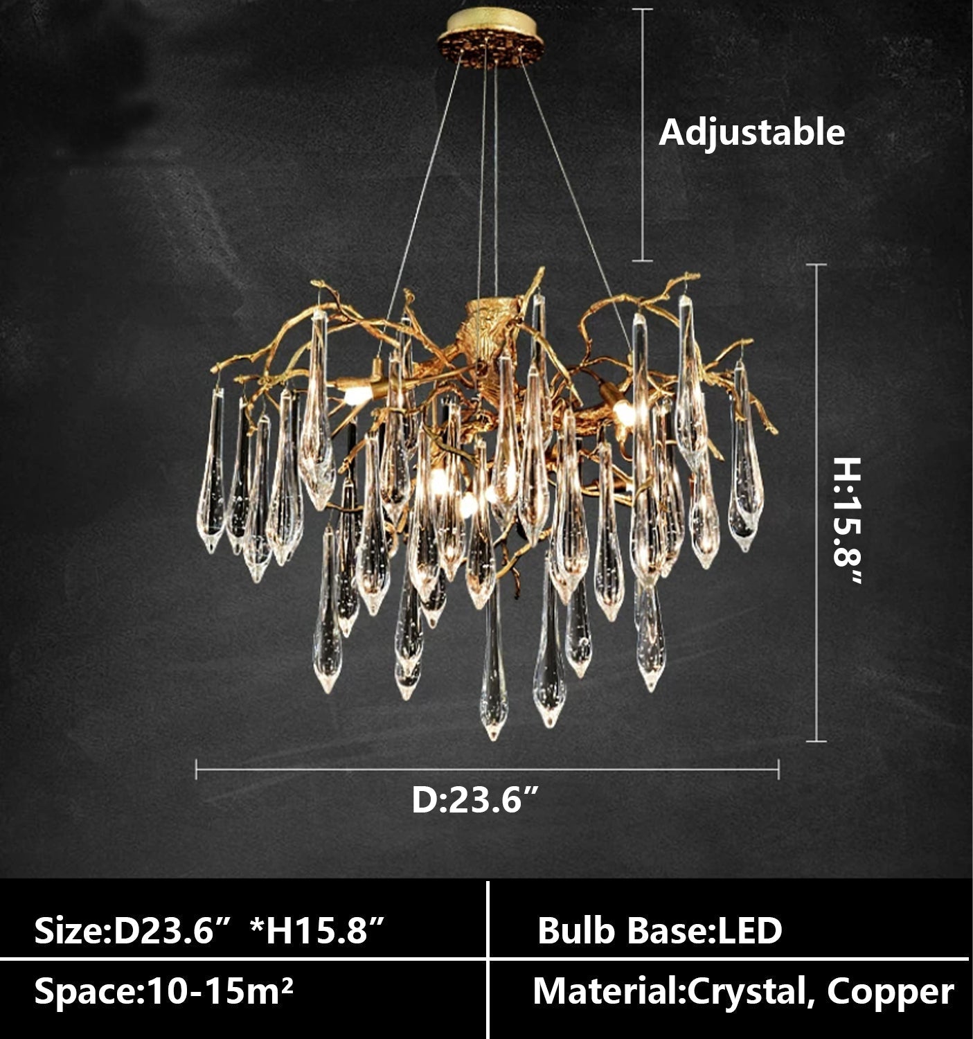 French Style Living Room Branch Crystal Drops Chandelier Modern Copper Gold Finish Dining Room Ceiling Lighting Fixture-MEET LIGHTING