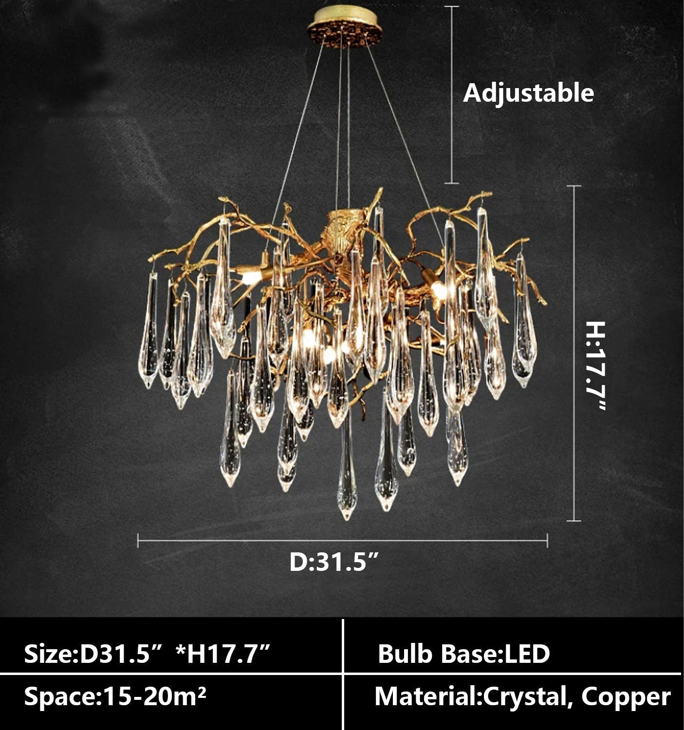 French Style Living Room Branch Crystal Drops Chandelier Modern Copper Gold Finish Dining Room Ceiling Lighting Fixture-MEET LIGHTING