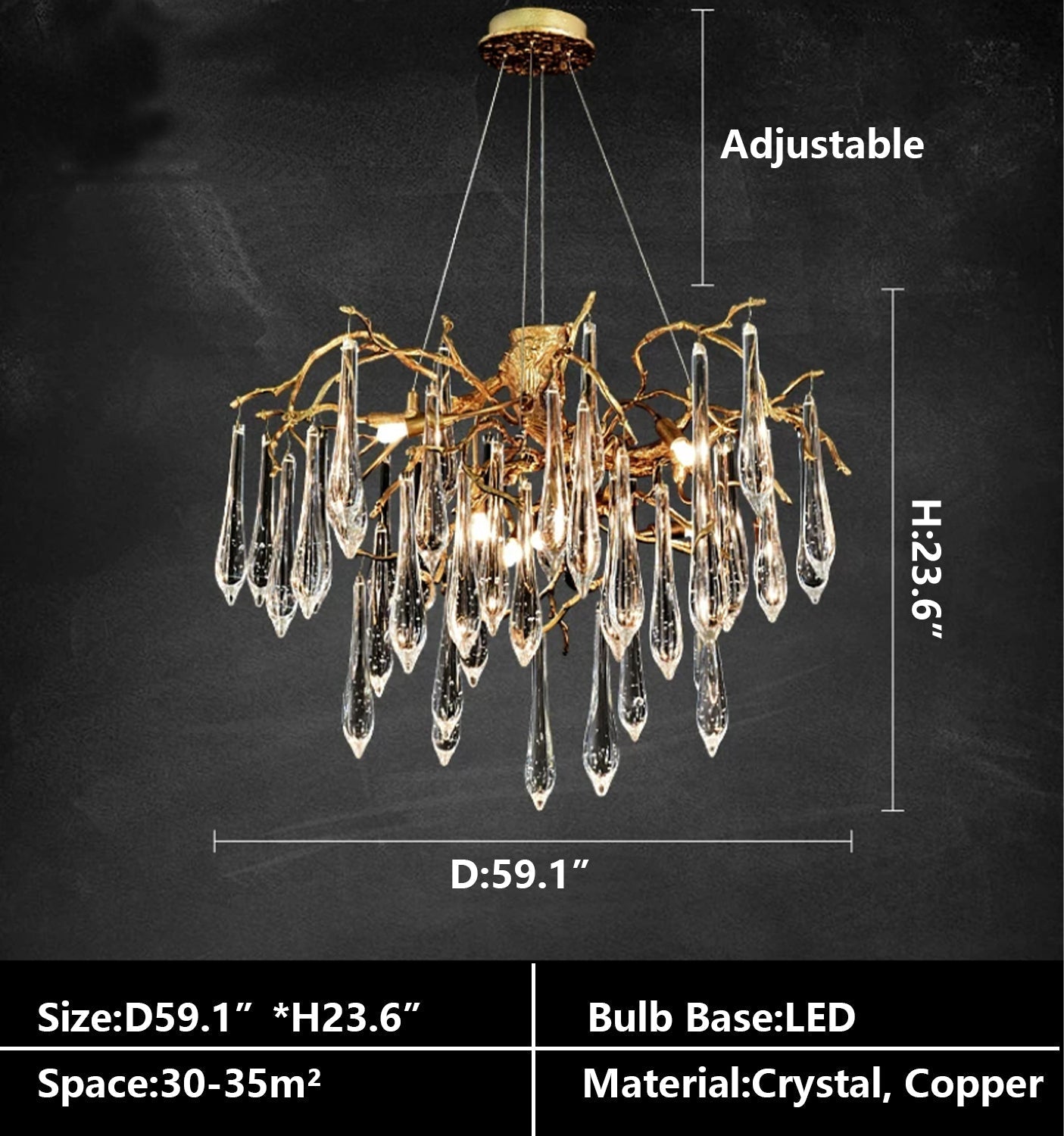 French Style Living Room Branch Crystal Drops Chandelier Modern Copper Gold Finish Dining Room Ceiling Lighting Fixture-MEET LIGHTING