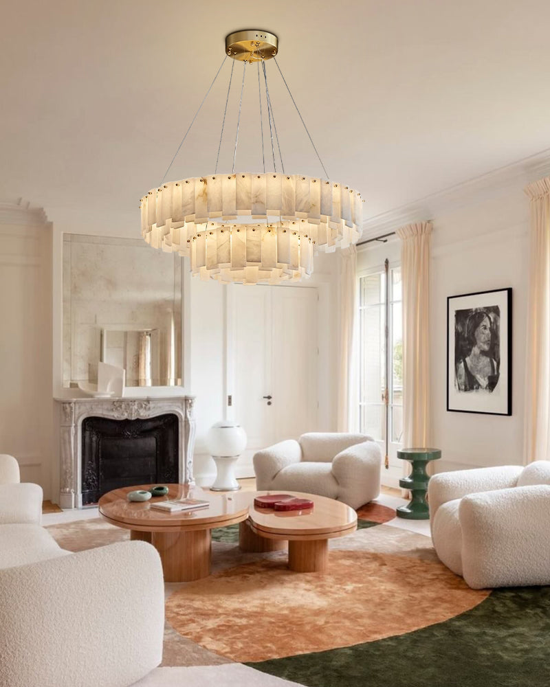 2-Tier Round Alabaster Chandelier in Brass with high ceiling home decor