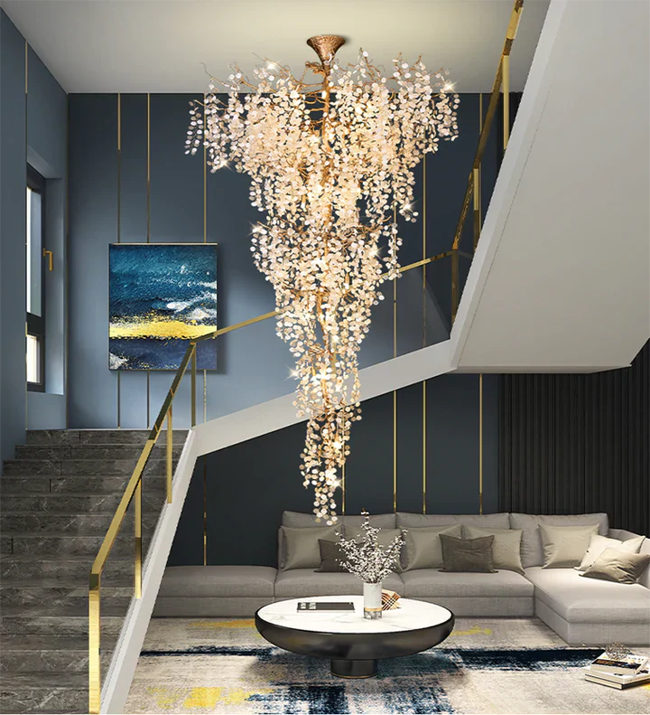 Modern Unique Artistic Flower Brass Branch Semi-flush Mount Chandelier for Living Room/ Hallway/ Entryway/ Staircase-MEET LIGHTING
