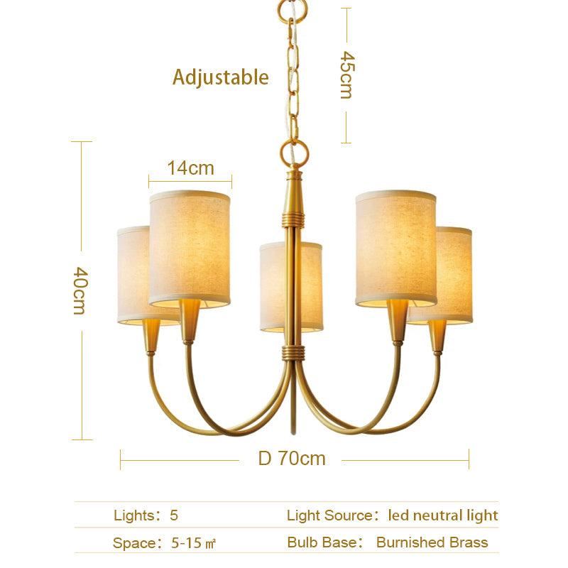 Brass Chandelier|Mid Century Ceiling Fixtures Light|Fabric Shades Adjustable Chain Pendant-MEET LIGHTING