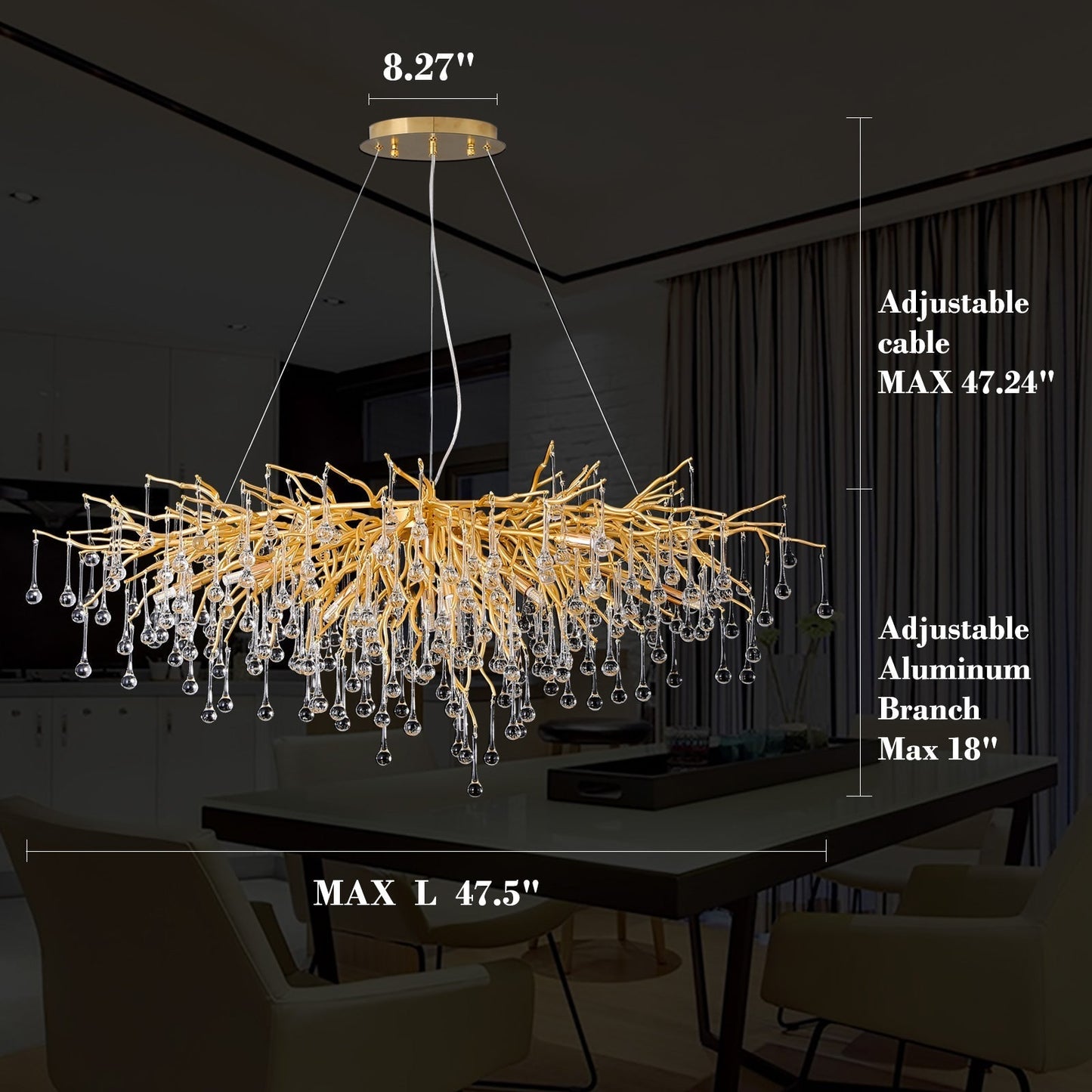 Doris Crystal Rectangular Branch Chandelier L45"-Meet Lighting