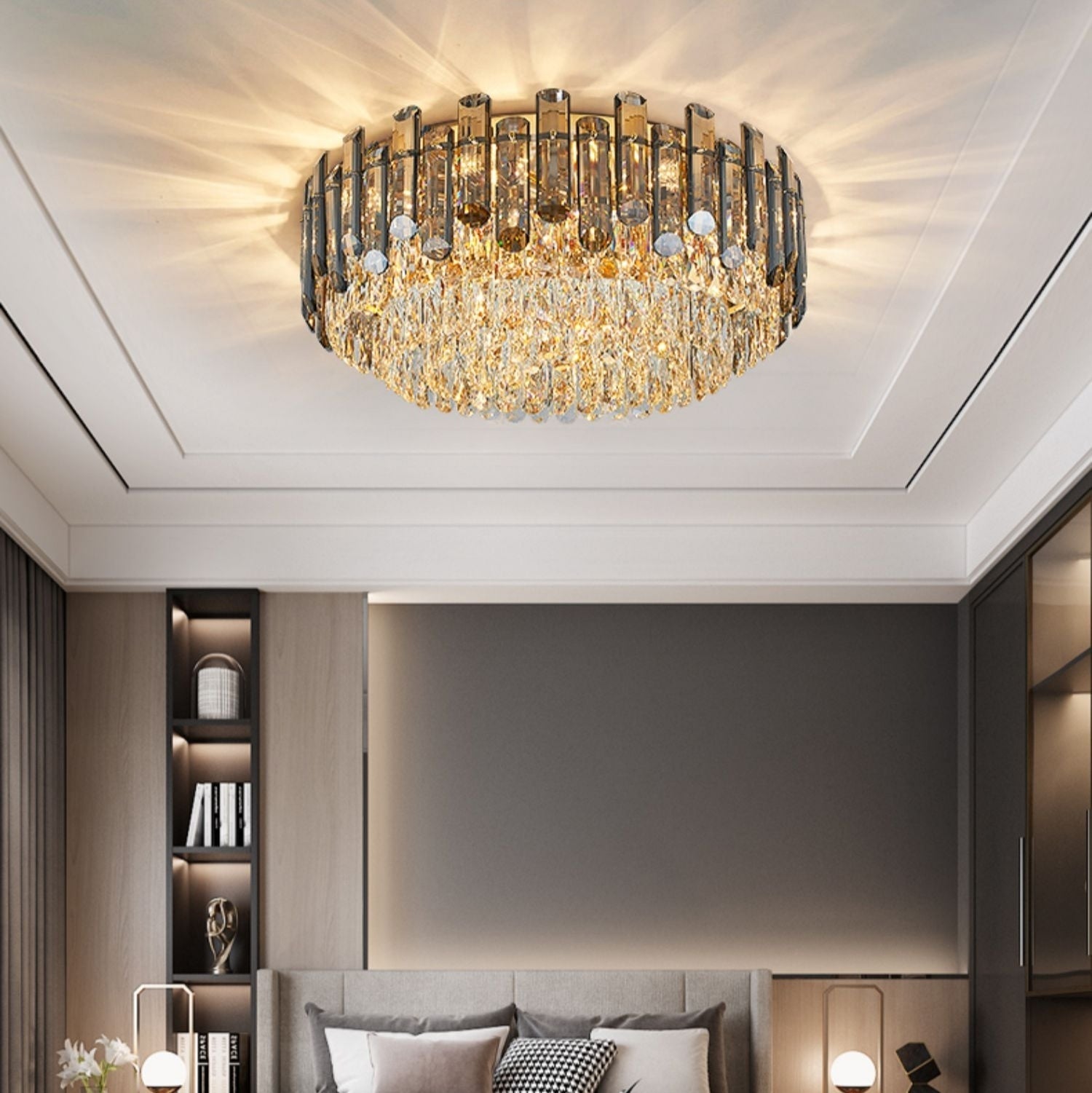 Smoke Gray Crystal Chandelier Flush Mounted Ceiling Light Fitxture Set for Dining Room/Living Room-MEET LIGHTING