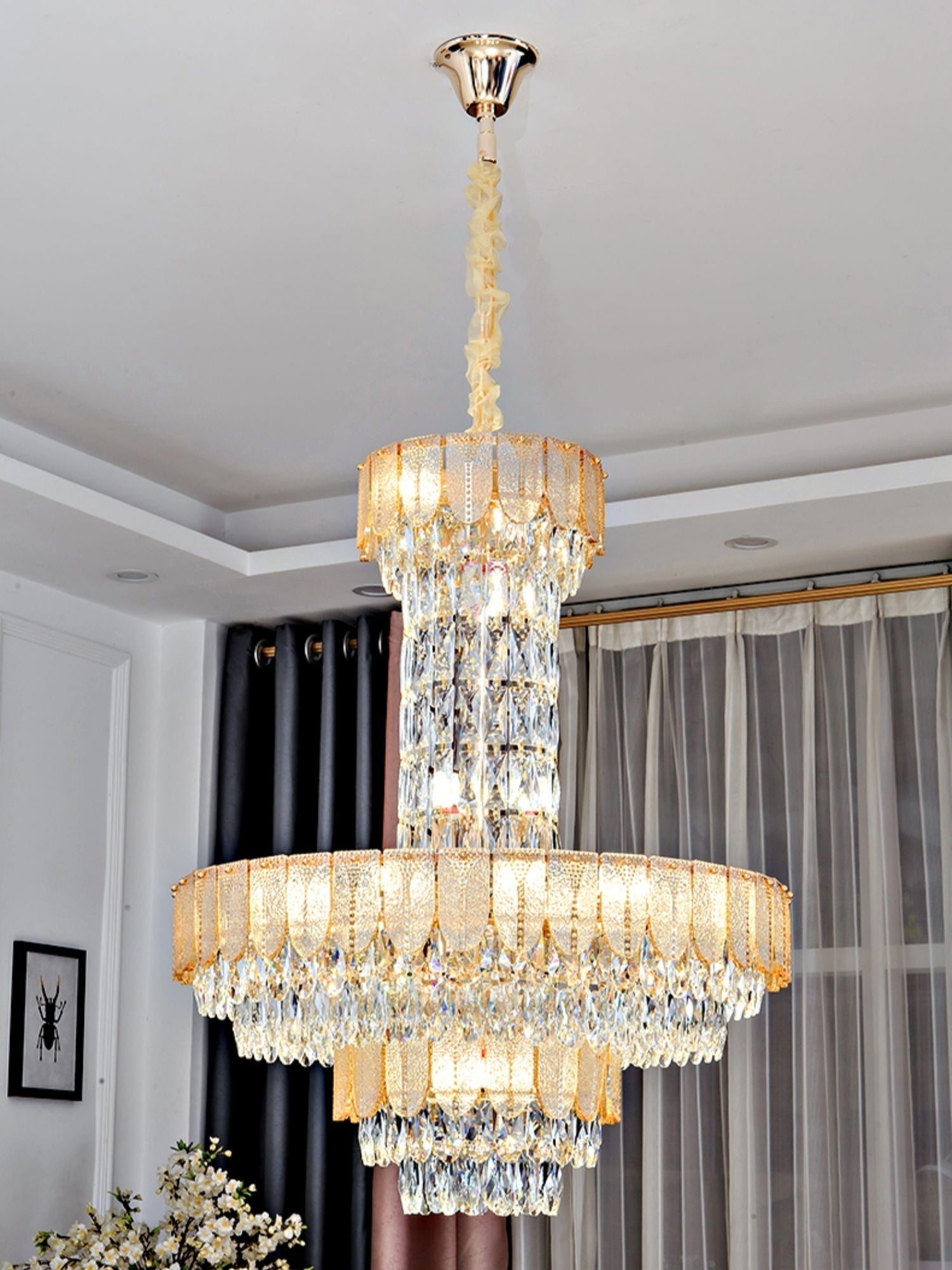 Restaurant/ Hotel Chandelier Foyer Duplex High Ceiling Light Fixture For Staircase/ Living Room In Gray/ Amber/ Blue Trimmed-MEET LIGHTING
