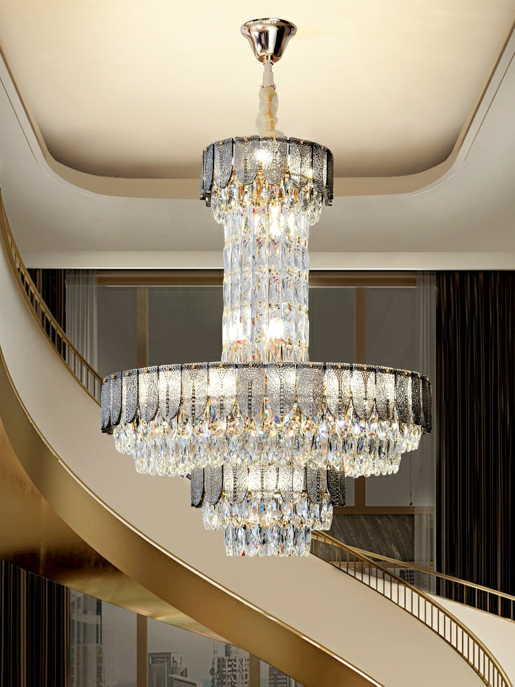Restaurant/ Hotel Chandelier Foyer Duplex High Ceiling Light Fixture For Staircase/ Living Room In Gray/ Amber/ Blue Trimmed-MEET LIGHTING