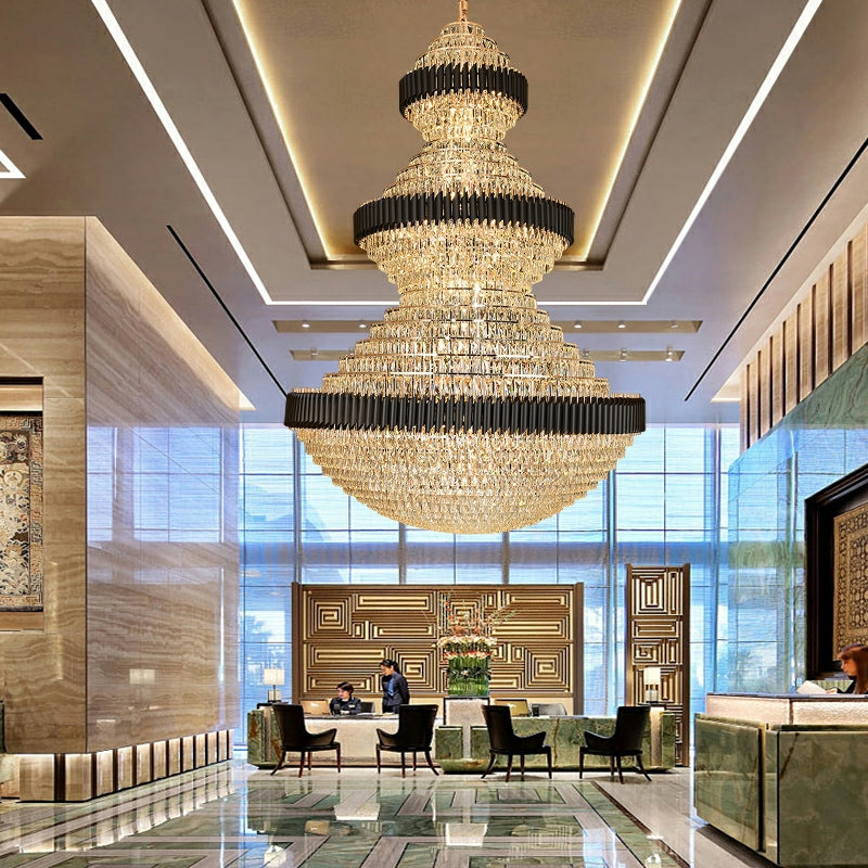 Golden Era Grand Fountain Crystal Chandelier with Black Tube for Staircase/Foyer/High-ceiling-MEET LIGHTING