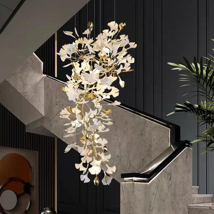 Modern Porcelain Linear Gold Ginkgo Chandelier For Living Room Dining Room-MEET LIGHTING