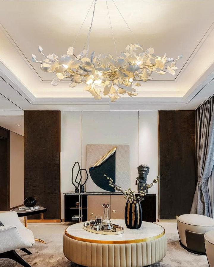 Modern Porcelain Linear Gold Ginkgo Chandelier For Living Room Dining Room-MEET LIGHTING