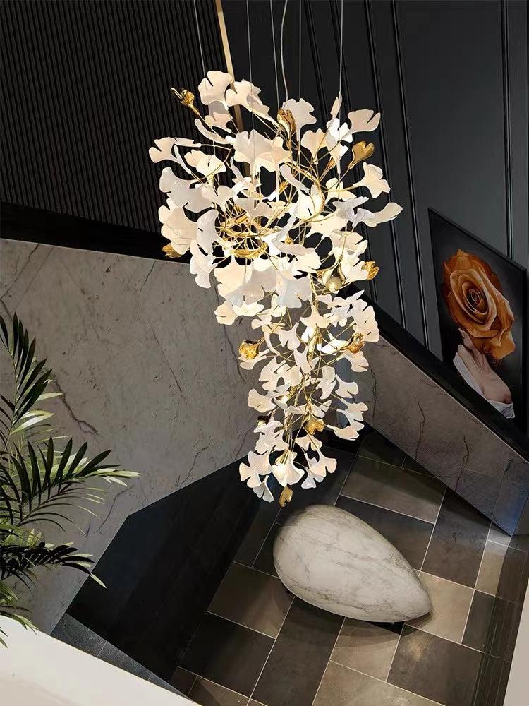 Modern Porcelain Linear Gold Ginkgo Chandelier For Living Room Dining Room-MEET LIGHTING