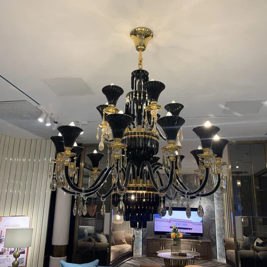 American Traditional Candle Branch Crystal Chandelier Black And Gold Luxury Living Room/Dining Room Light Fixture-MEET LIGHTING