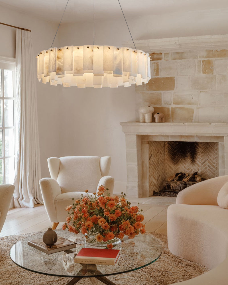 2-Tier Round Alabaster Chandelier in Brass with high ceiling home decor