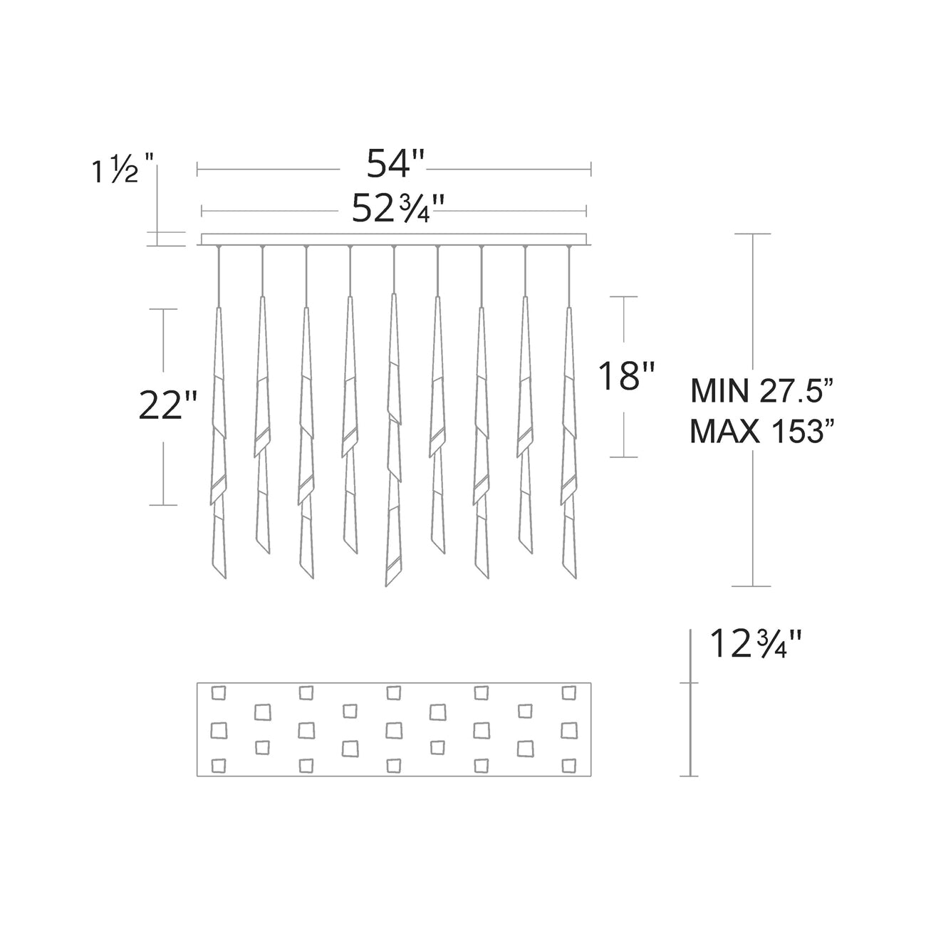 Solitude Linear LED Multi Pendant Light - line drawing.